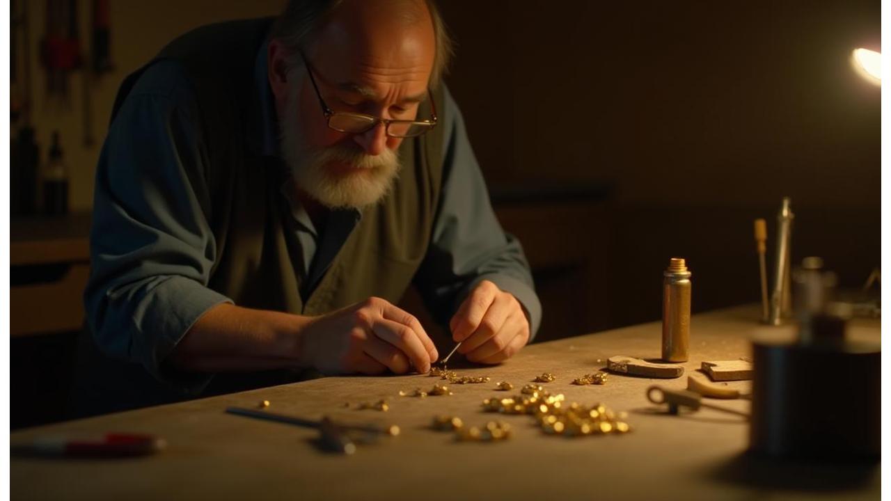 Goldschmied bei der Arbeit mit feinen Werkzeugen in der Werkstatt