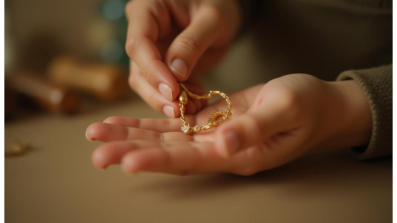Nahaufnahme von Goldschmiede-Handwerk, Feinschliff eines Schmuckstückes