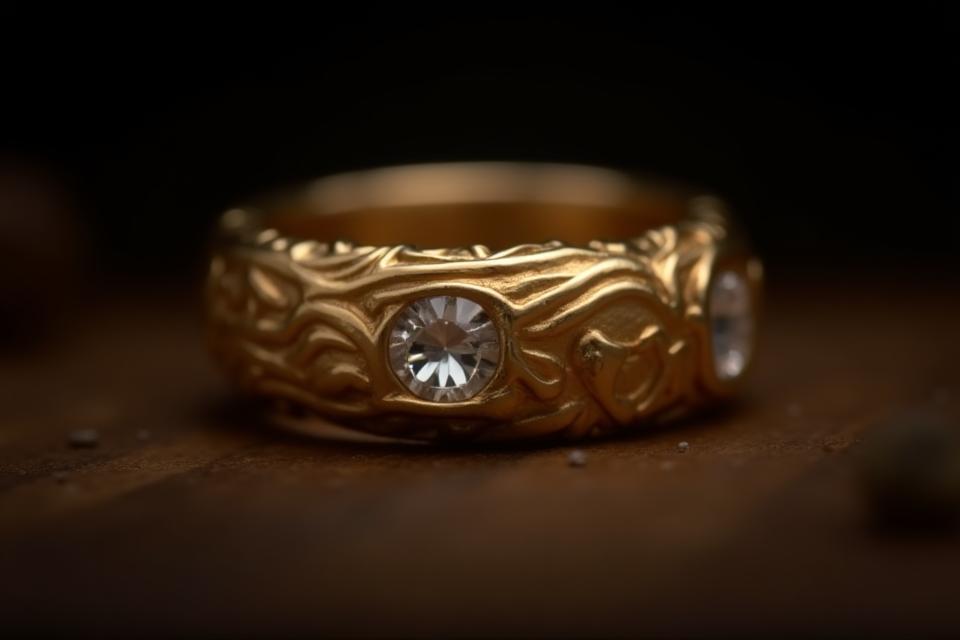 Nahaufnahme des Wild West Gold Rings mit filigranen Gravuren
